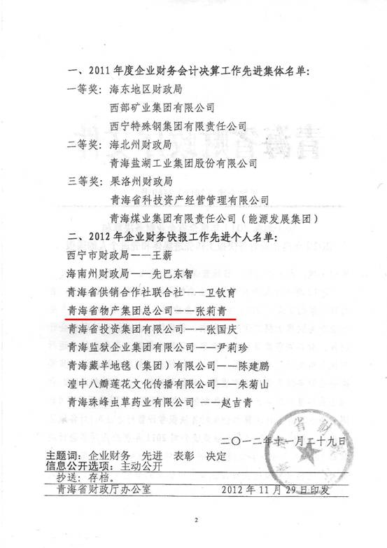 物產(chǎn)集團(tuán)榮獲2011年度財(cái)務(wù)決算先進(jìn)單位、2012年度財(cái)務(wù)快報(bào)工作先進(jìn)個(gè)人表彰